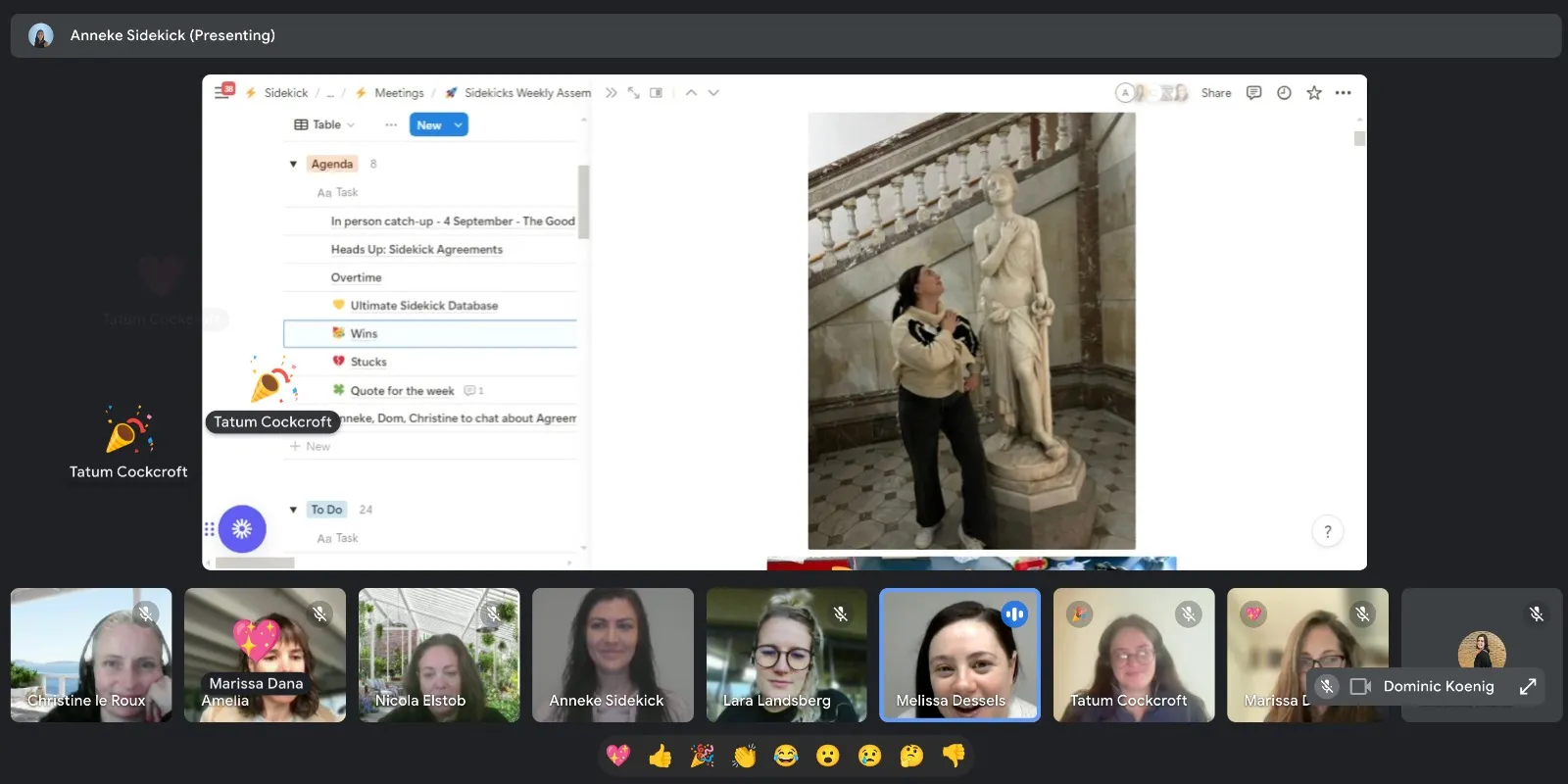 Sidekicks on a video call, celebrating a win with party emojis